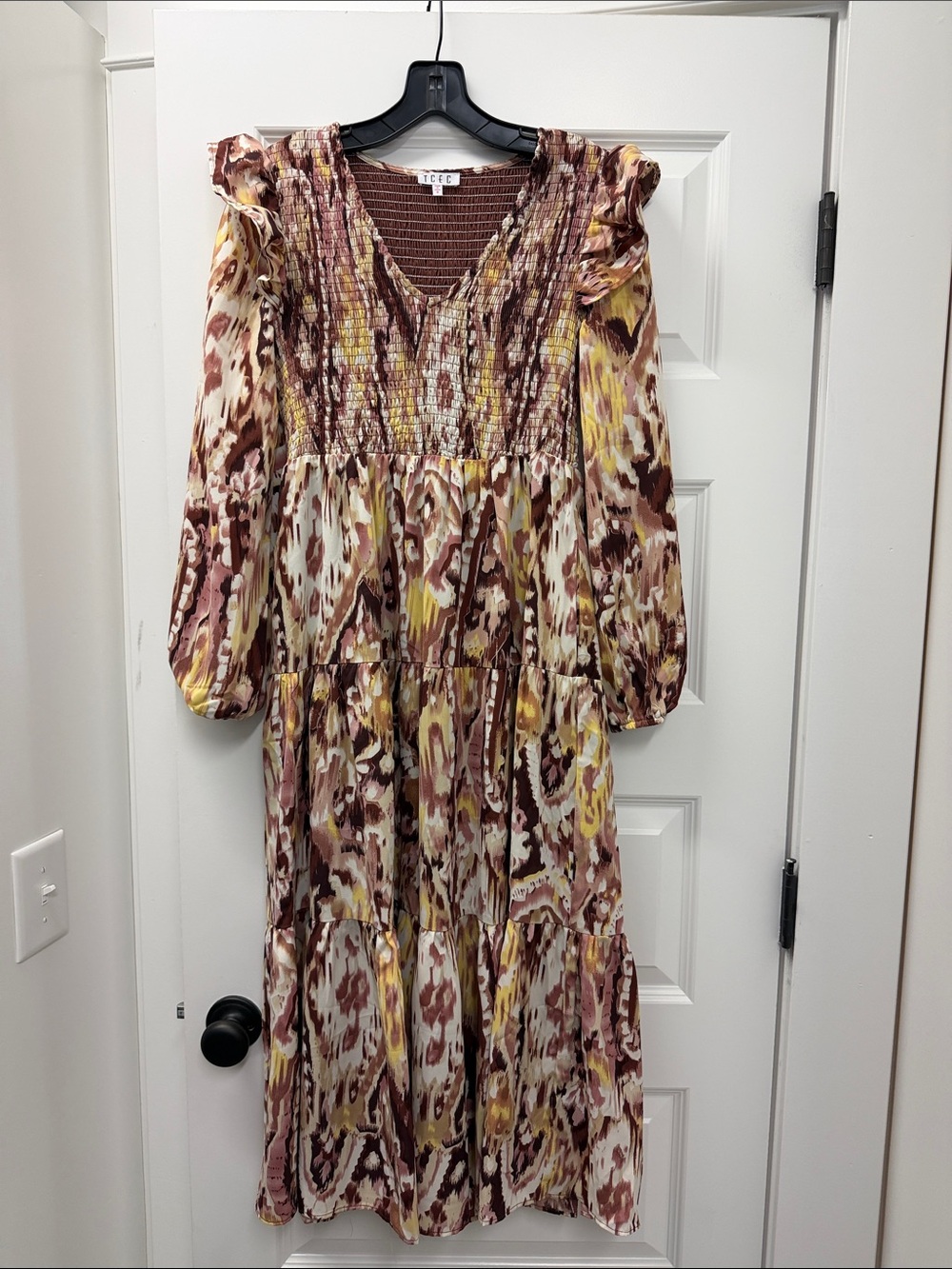 TCEC Printed Smocked Tiered Maxi Dress in Brown, Yellow & Pink